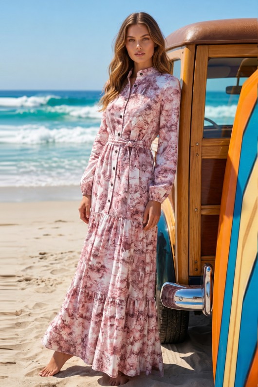 Desenli Tesettür  Jessica Elbise B606 Pudra