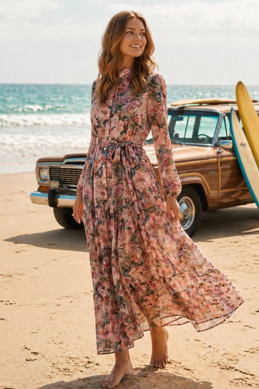 Desenli Tesettür  Jessica Elbise B606 Somon