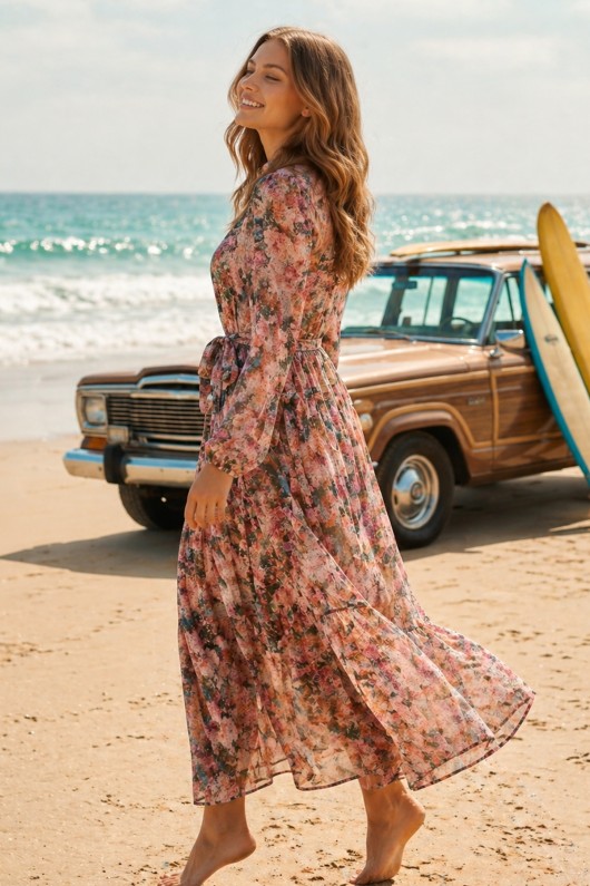 Desenli Tesettür  Jessica Elbise B606 Somon