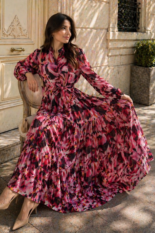 Desenli Tesettür  Jessica Elbise B607 Fuşya