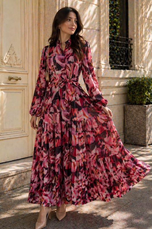 Desenli Tesettür  Jessica Elbise B607 Fuşya