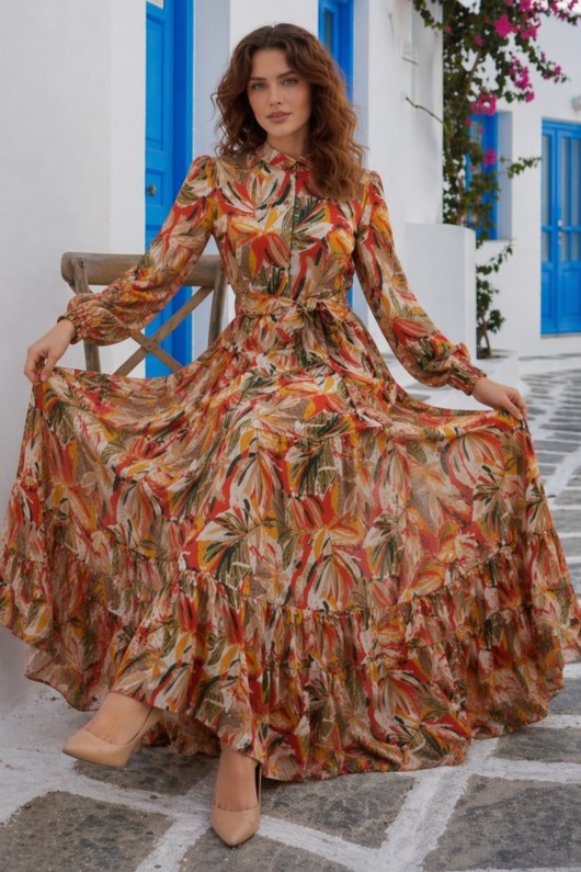 Desenli Tesettür  Jessica Elbise B607 Sarı