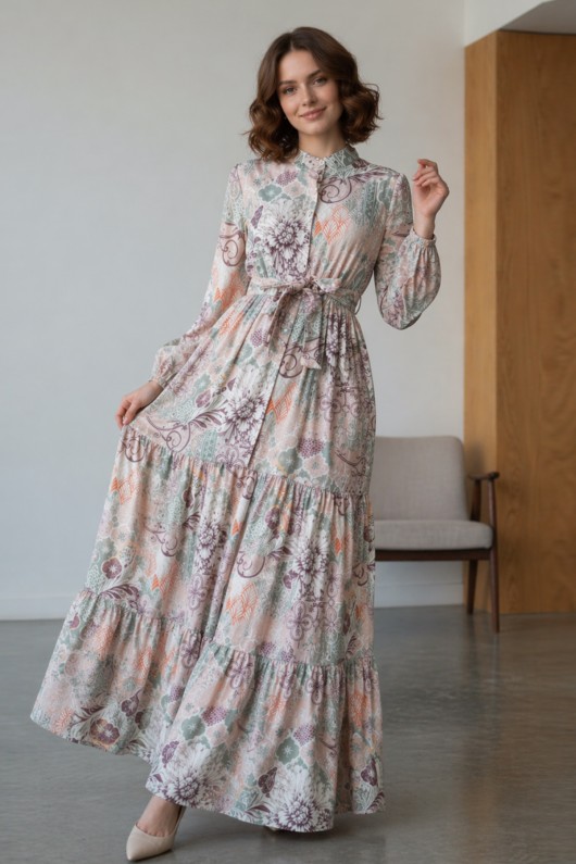 Desenli Tesettür  Jessica Elbise B607 Taş Rengi