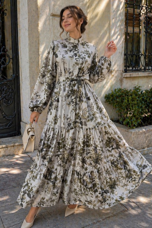 Desenli Tesettür  Jessica Elbise B607 Yeşil