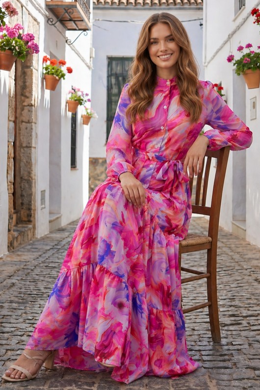 Desenli Tesettür  Jessica Elbise B608 Fuşya