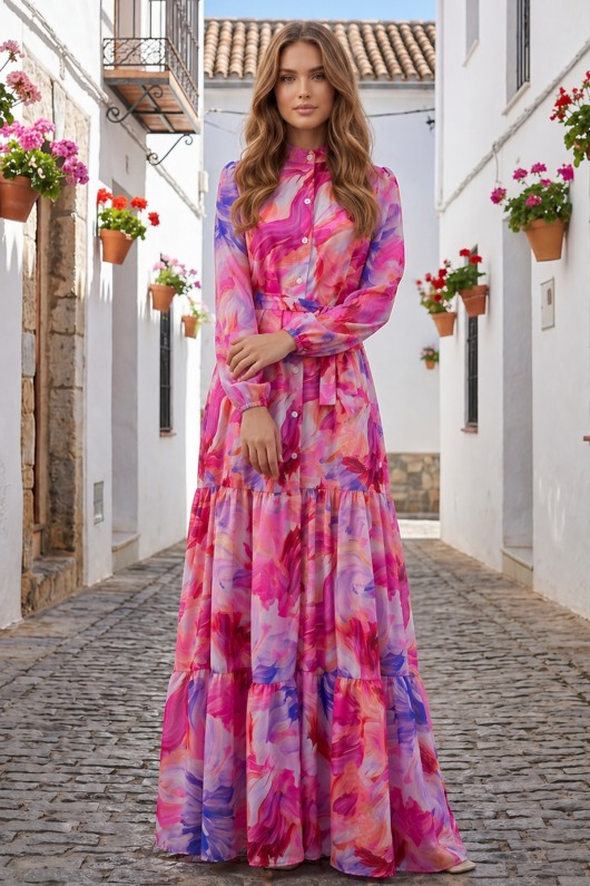 Desenli Tesettür  Jessica Elbise B608 Fuşya