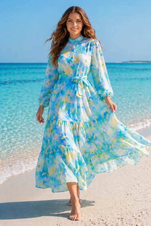 Desenli Tesettür  Jessica Elbise B608 Mavi