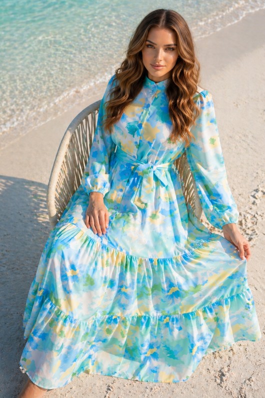 Desenli Tesettür  Jessica Elbise B608 Mavi