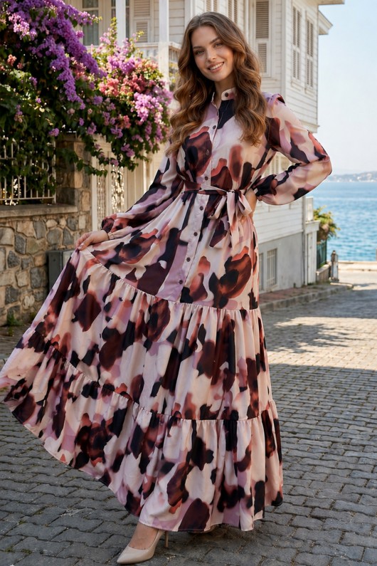 Desenli Tesettür  Jessica Elbise B608 Somon