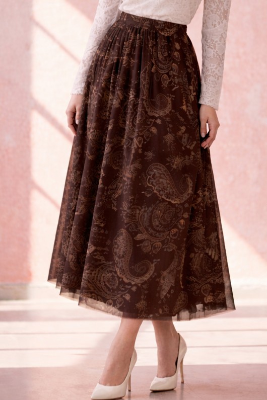Desenli Tül Etek A222 Kahverengi