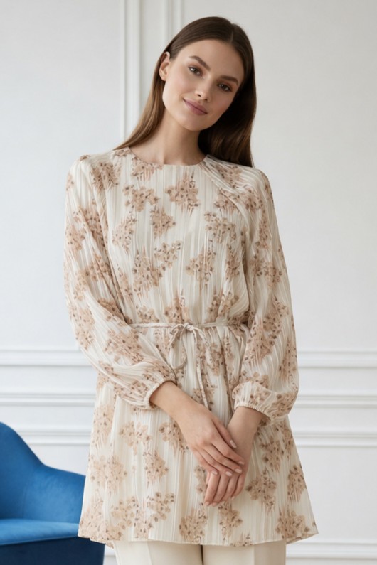 Desenli Balon Kol Şifon Gömlek A50906 Bej