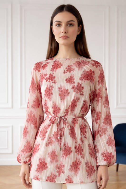 Desenli Balon Kol Şifon Gömlek A50906 Pembe