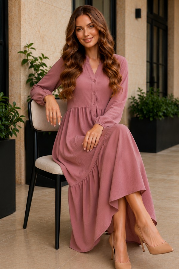 Tesettür Elbise B2527 Gül Kurusu