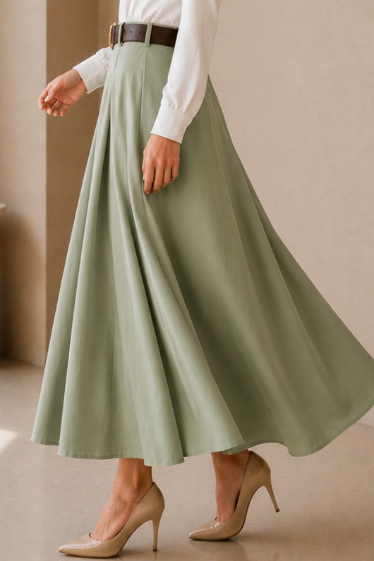 Kemerli Poplin Etek N223 Çağla