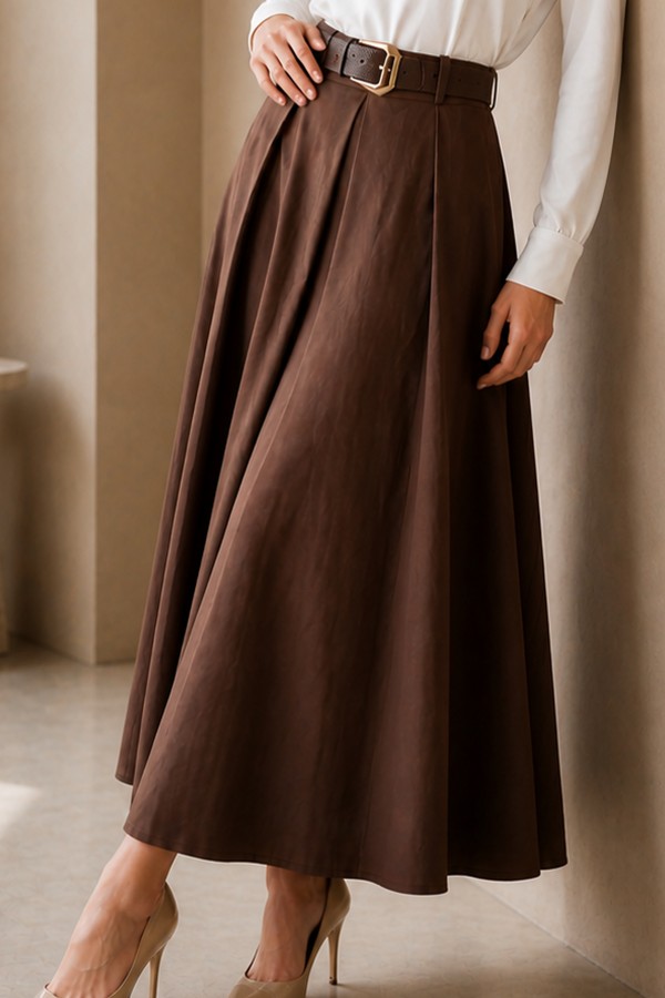 Kemerli Poplin Etek N223 Kahverengi Kemerli Poplin Etek N223 Kahverengi