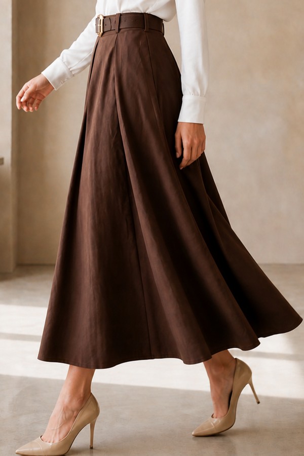 Kemerli Poplin Etek N223 Kahverengi Kemerli Poplin Etek N223 Kahverengi