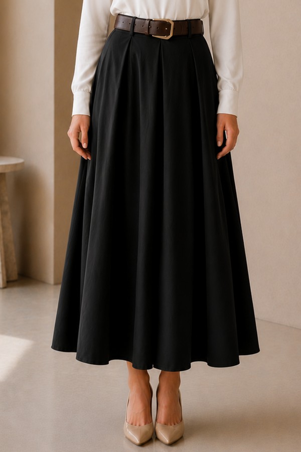 Kemerli Poplin Etek N223 Siyah