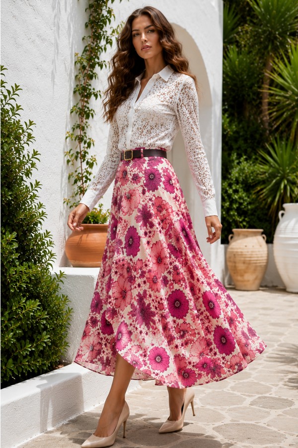 Çiçek Desenli Kemerli Etek A60699-Em Pembe Çiçek Desenli Kemerli Etek A60699-Em Pembe
