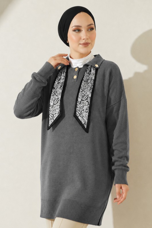 Fularlı Triko Tunik R7178 Antrasit