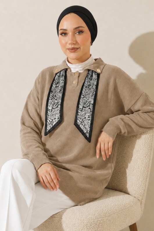 Fularlı Triko Tunik R7178 Bej