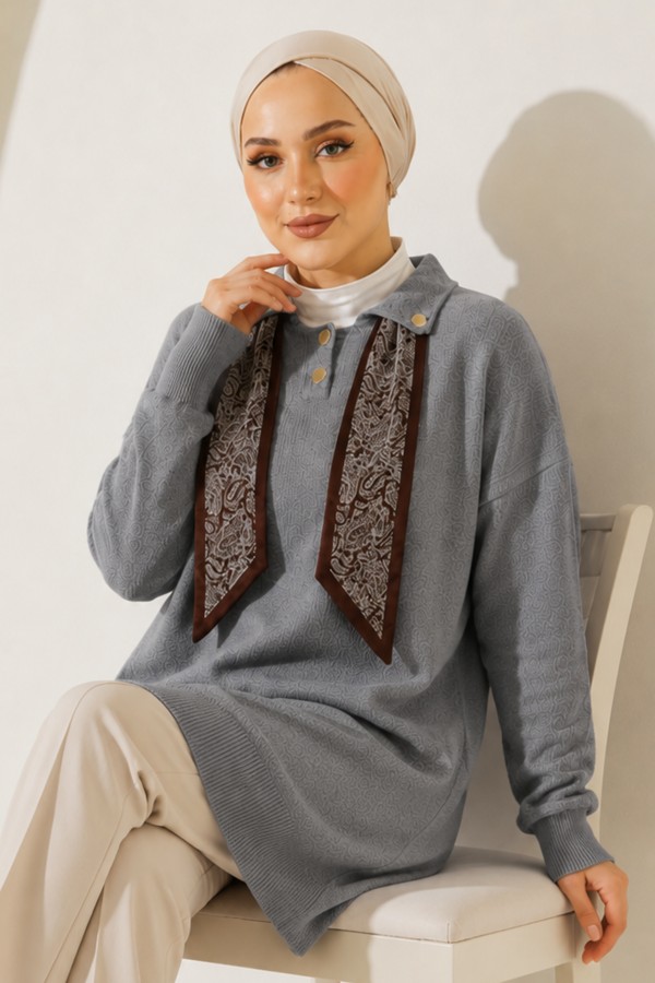 Fularlı Triko Tunik R7178 Gri Fularlı Triko Tunik R7178 Gri