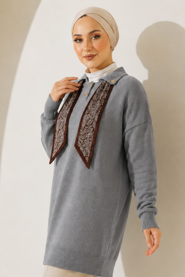 Fularlı Triko Tunik R7178 Gri Fularlı Triko Tunik R7178 Gri