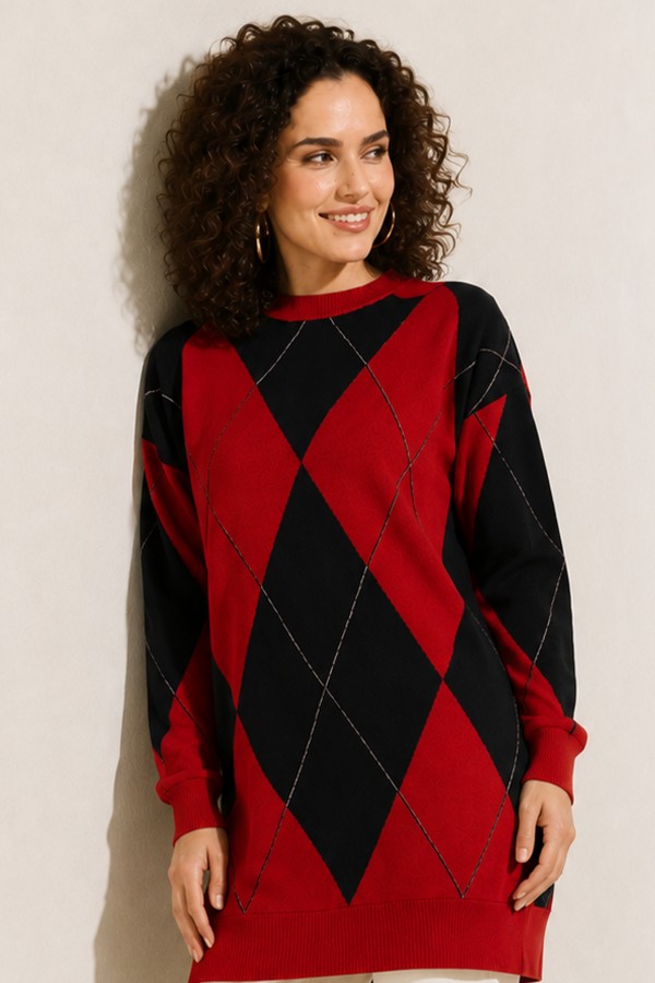 Baklava Desenli Triko R7179 Kırmızı