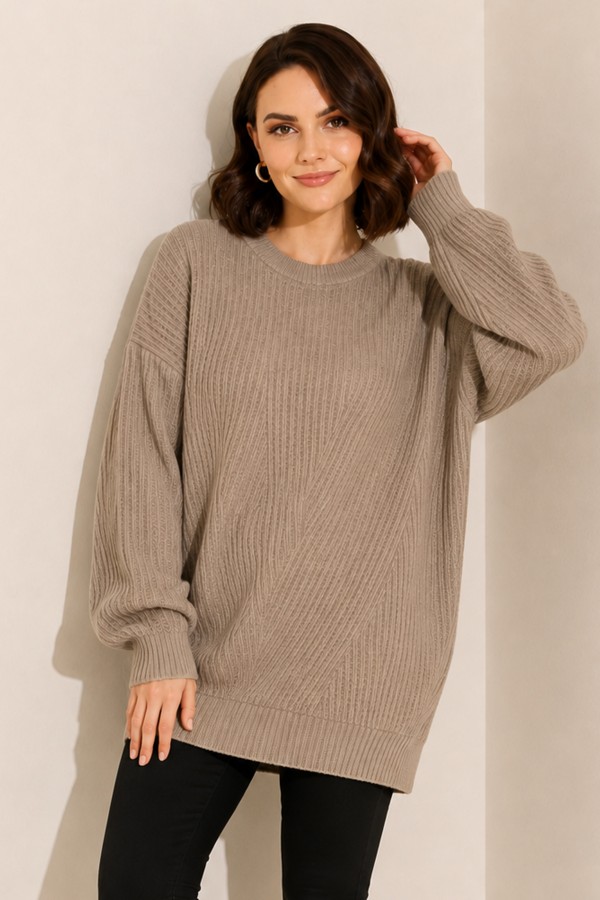 Kendinden Desenli Triko Tunik R4444 Camel