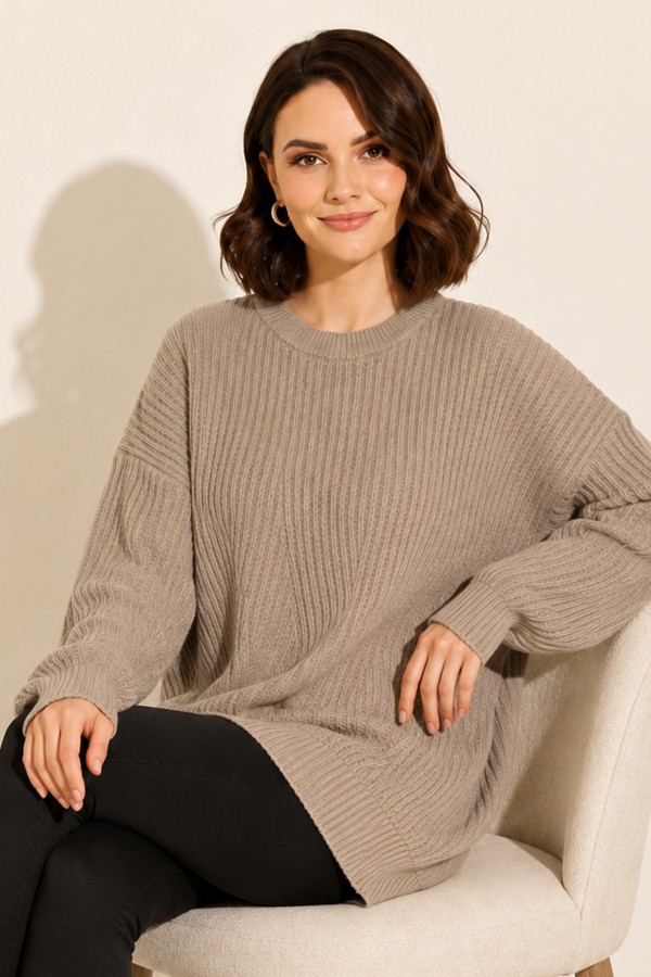 Kendinden Desenli Triko Tunik R4444 Camel