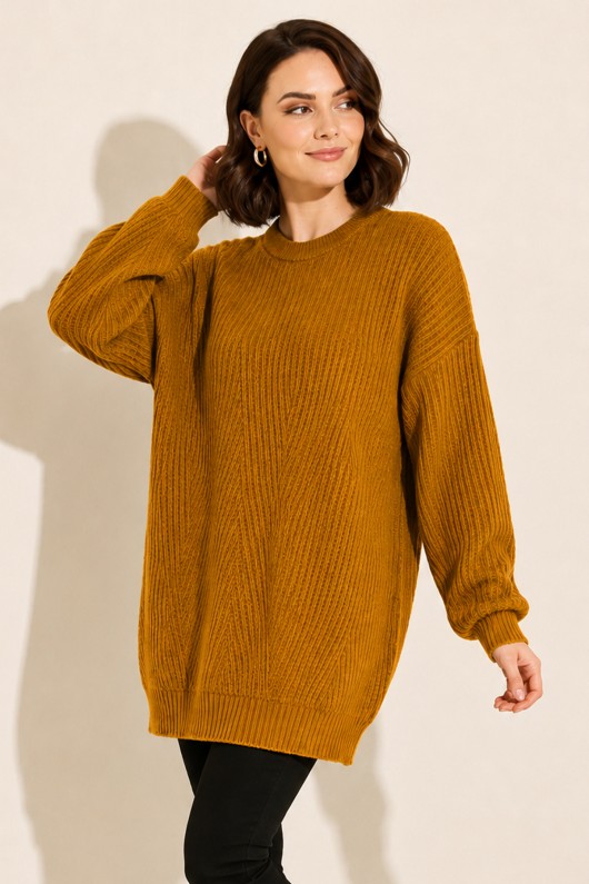 Kendinden Desenli Triko Tunik R4444 Hardal