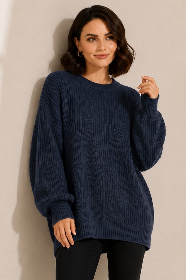 Kendinden Desenli Triko Tunik R4444 İndigo