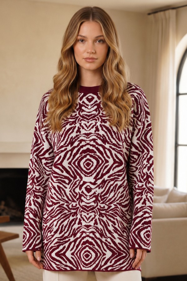Zebra Desenli Triko Tunik R7186 Bordo