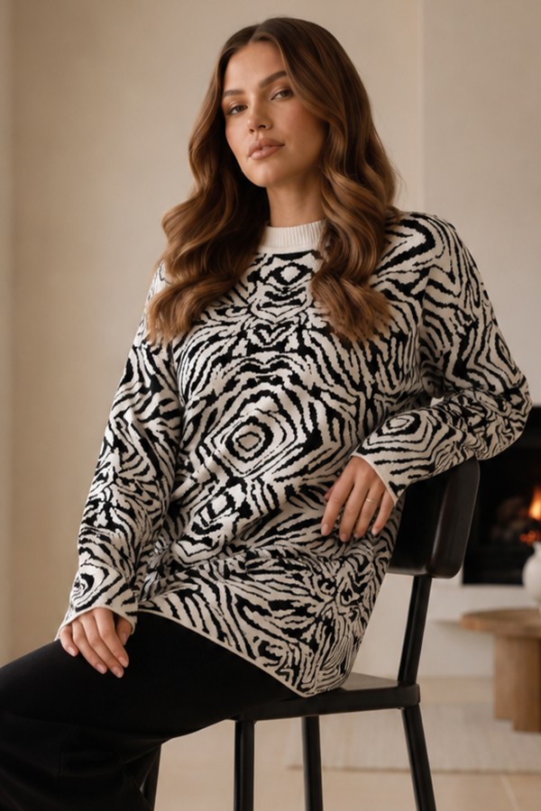 Zebra Desenli Triko Tunik R7186 Ekru Zebra Desenli Triko Tunik R7186 Ekru