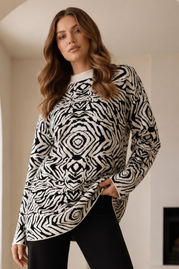 Zebra Desenli Triko Tunik R7186 Ekru Zebra Desenli Triko Tunik R7186 Ekru