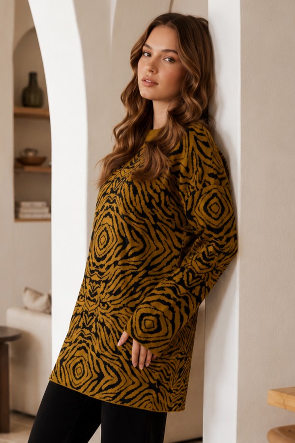 Zebra Desenli Triko Tunik R7186 Yağ Yeşili