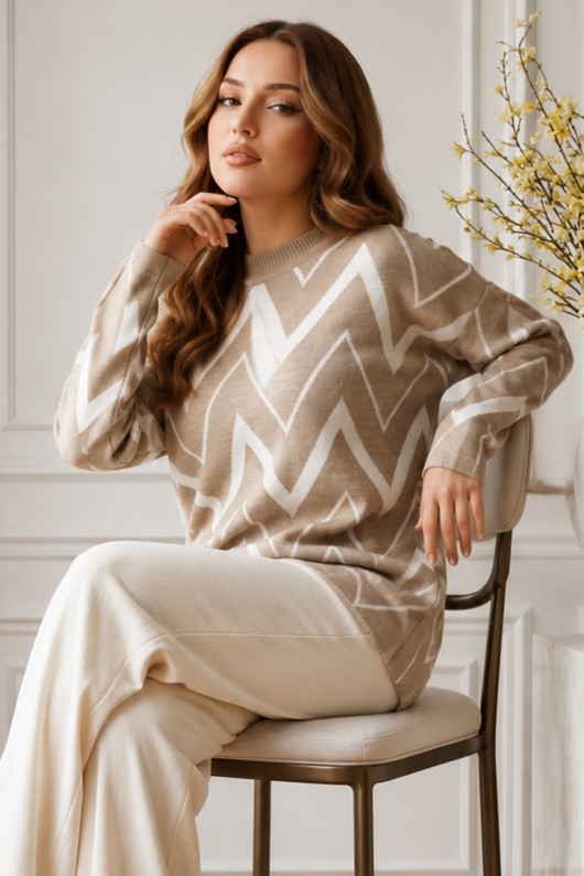 Zikzak Desenli Triko Tunik R7187 Bej Zikzak Desenli Triko Tunik R7187 Bej