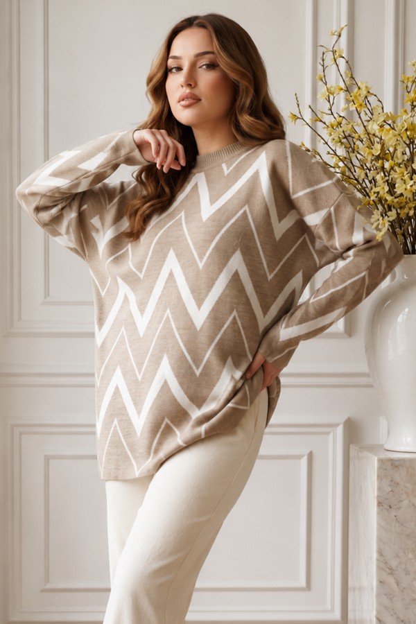 Zikzak Desenli Triko Tunik R7187 Bej