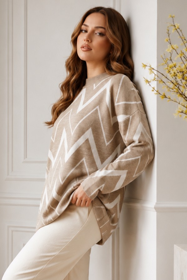 Zikzak Desenli Triko Tunik R7187 Bej