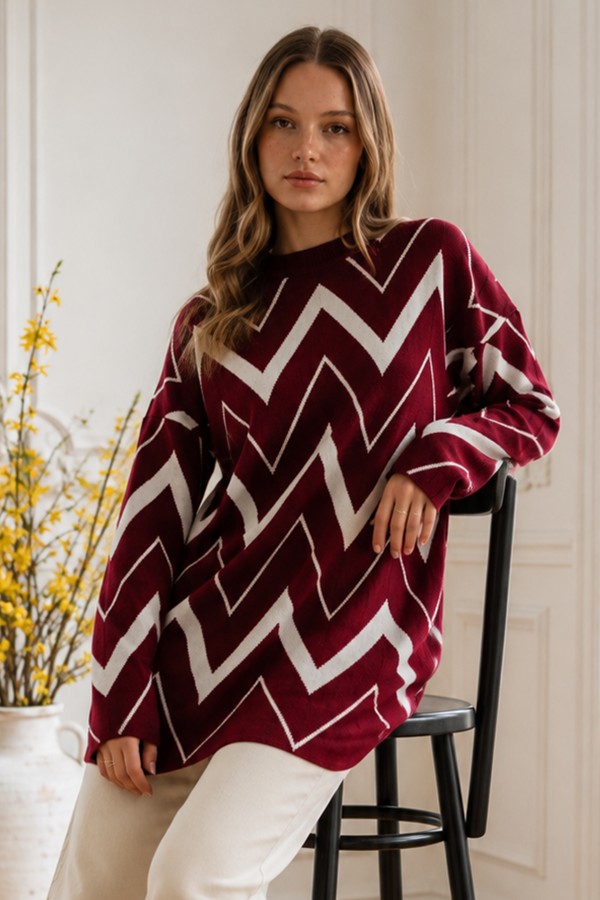 Zikzak Desenli Triko Tunik R7187 Bordo Zikzak Desenli Triko Tunik R7187 Bordo