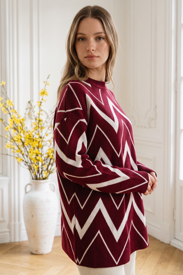 Zikzak Desenli Triko Tunik R7187 Bordo Zikzak Desenli Triko Tunik R7187 Bordo