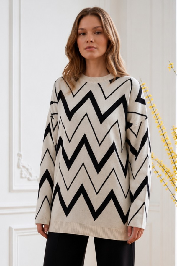 Zikzak Desenli Triko Tunik R7187 Ekru