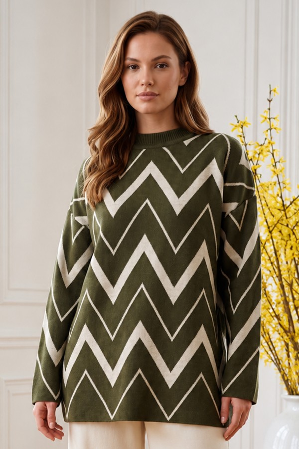 Zikzak Desenli Triko Tunik R7187 Haki