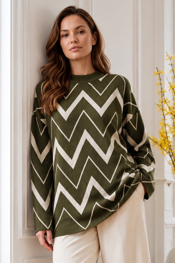 Zikzak Desenli Triko Tunik R7187 Haki