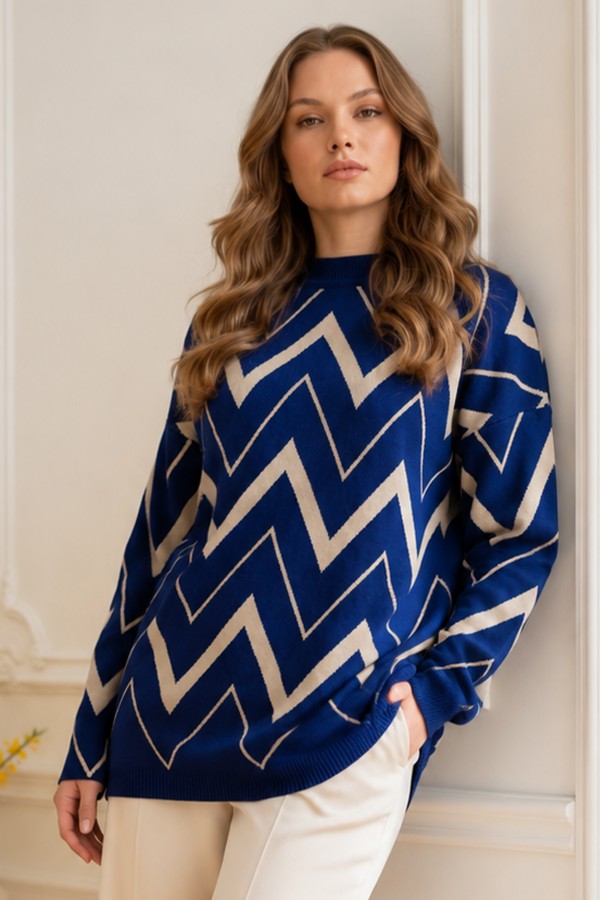 Zikzak Desenli Triko Tunik R7187 Lacivert