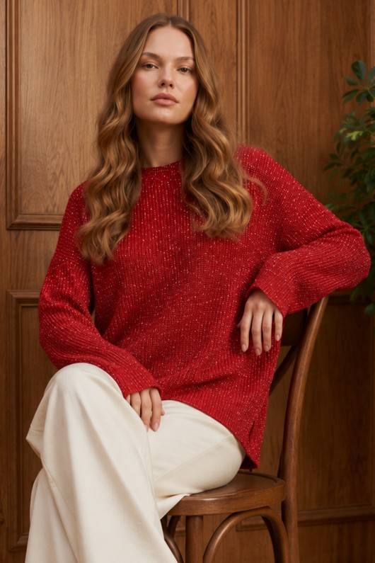 Simli Triko Tunik R4498 Kırmızı