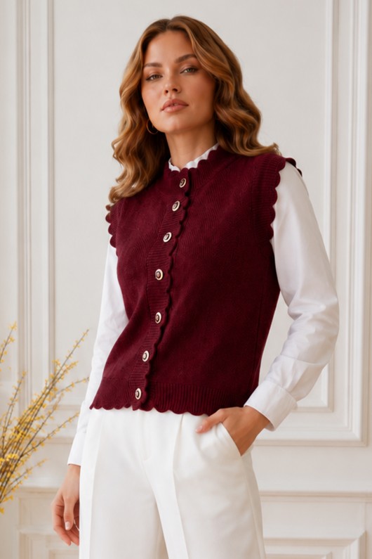 Düğmeli Triko Yelek R4485 Bordo