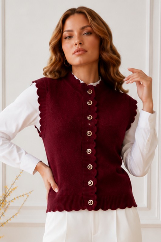 Düğmeli Triko Yelek R4485 Bordo