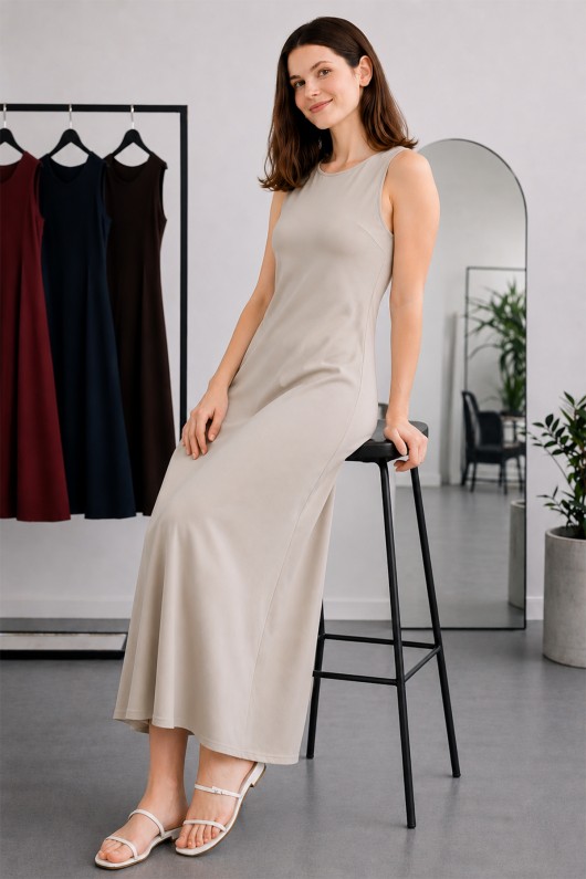 Kolsuz İçlik Elbise N8102 Taş Rengi