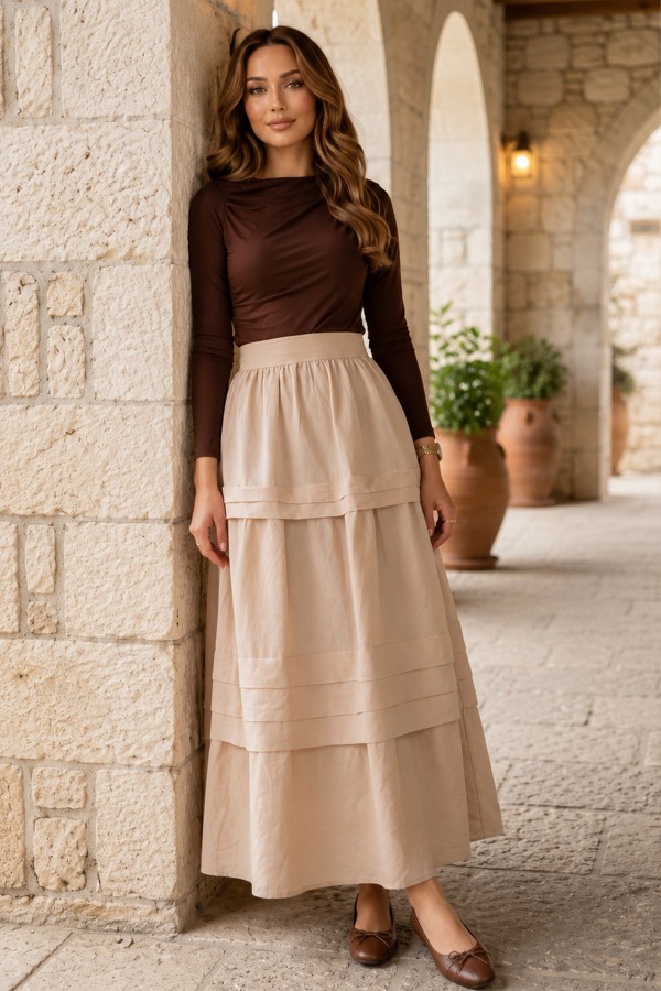 Kat Kat Kloş Etek S2306 Bej Kat Kat Kloş Etek S2306 Bej
