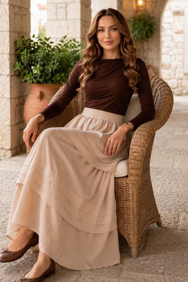 Kat Kat Kloş Etek S2306 Bej Kat Kat Kloş Etek S2306 Bej